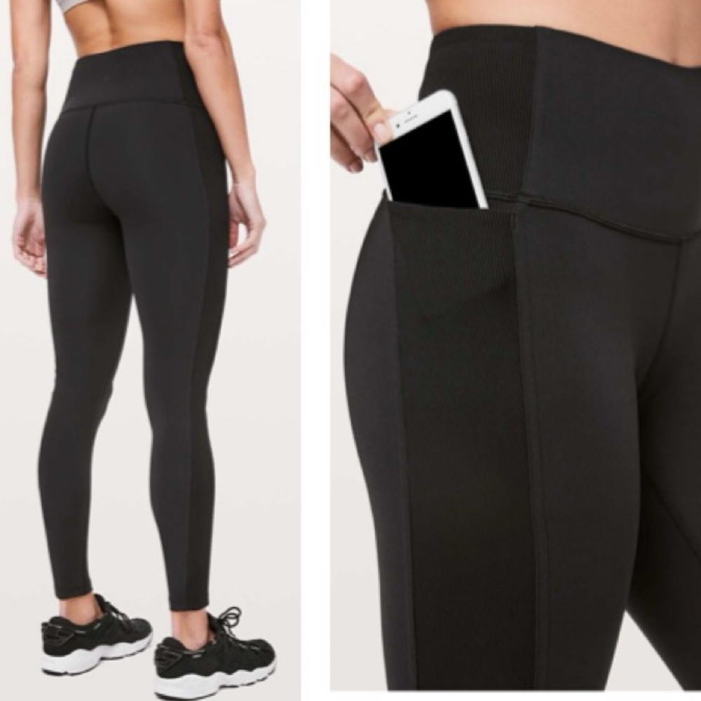 Lululemon Wunder Under HR High Rise Waist Tight Pockets Side Stripe Rib 28" Blck